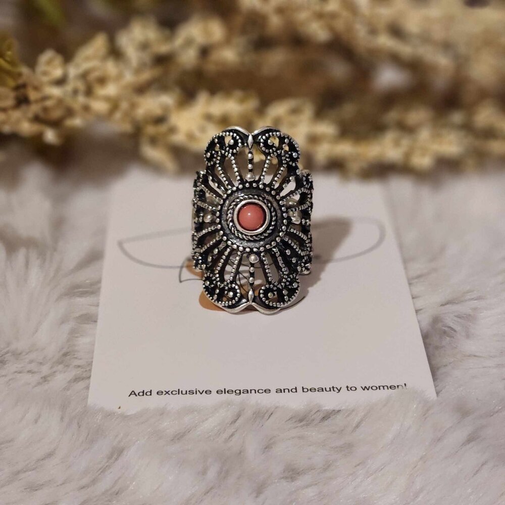 Salmon Colored Stone Knucke Ring Adjustable Stretch Band
